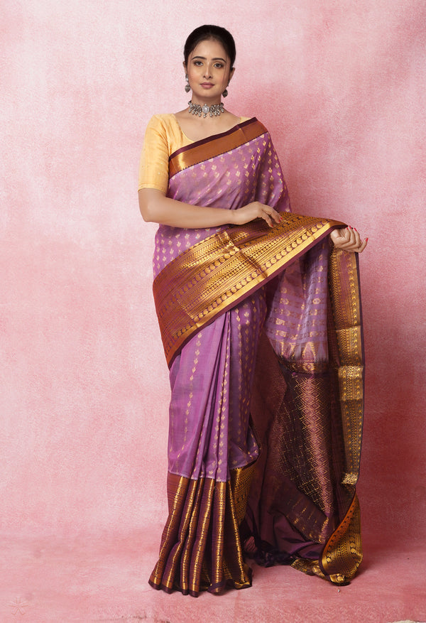 Peach Purple Pure Handloom Assam Silk Saree-UNM74887