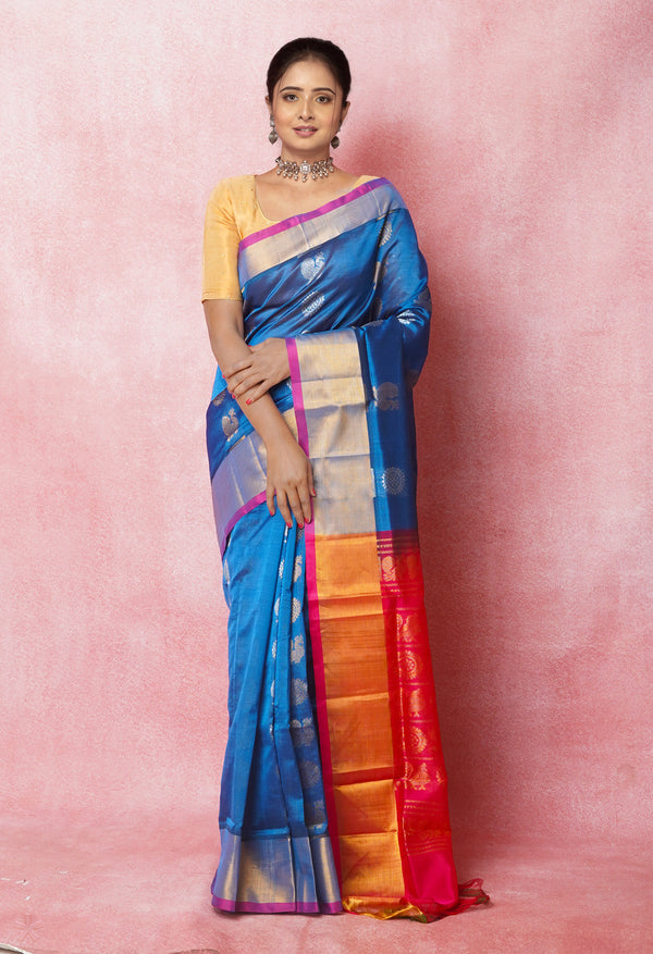 Peacock Blue Pure Handloom Assam Silk Saree-UNM74890