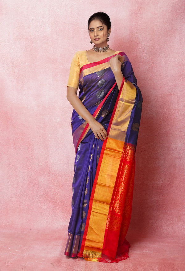 Dark Blue Pure Handloom Assam Silk Saree-UNM74892
