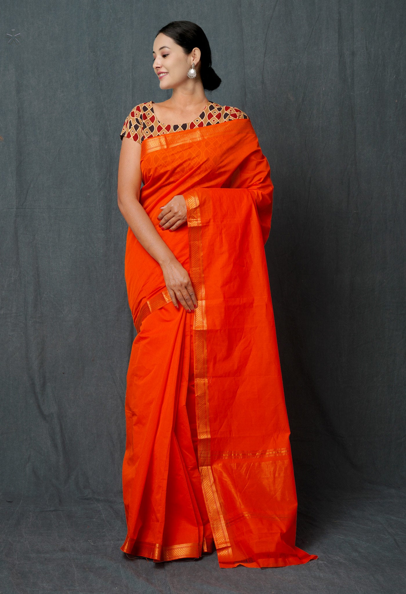 Orange Pure Handloom Mangalagiri With Nizam Border Cotton Saree