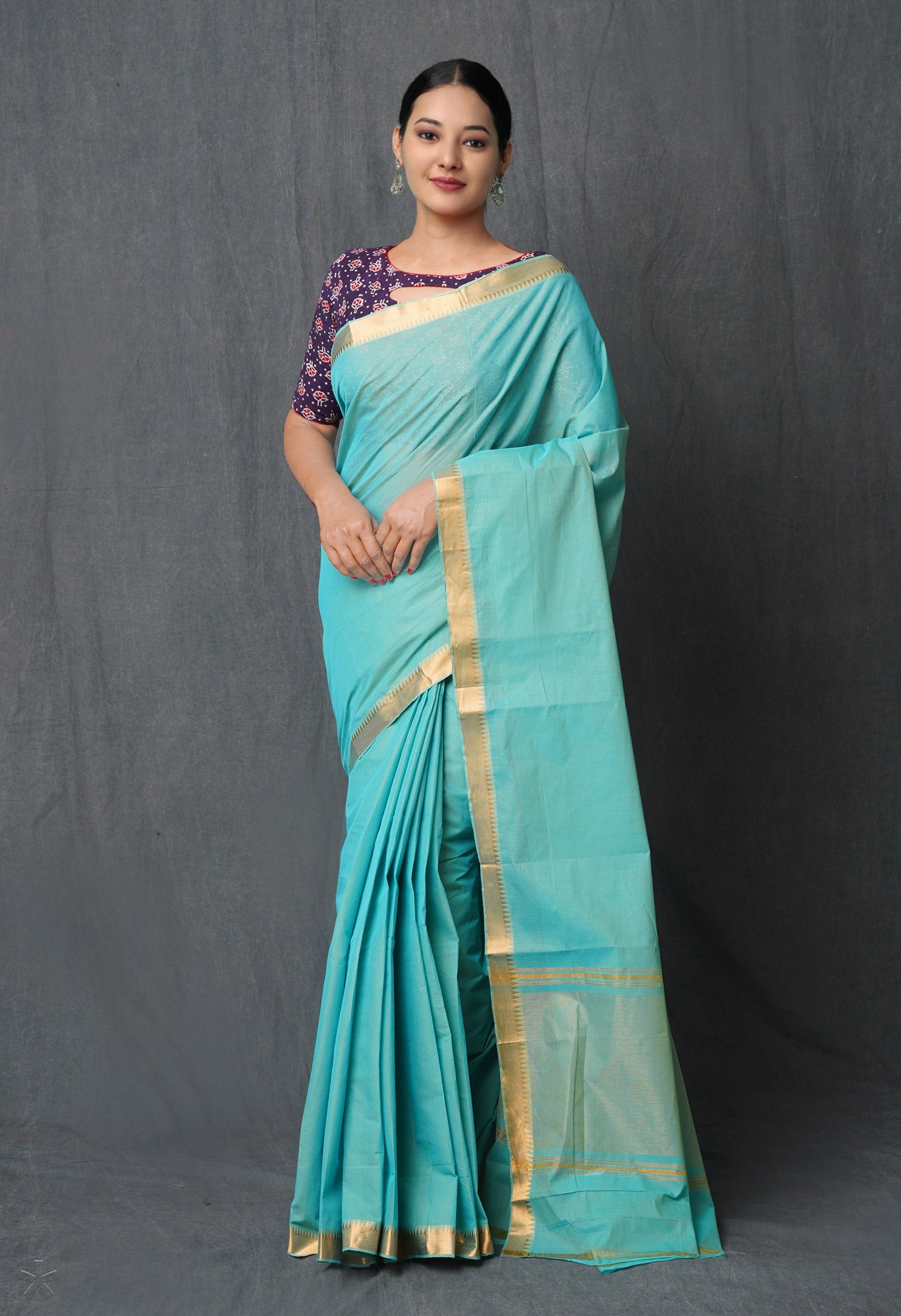 Blue Pure Handloom Mangalagiri With Nizam Border Cotton Saree