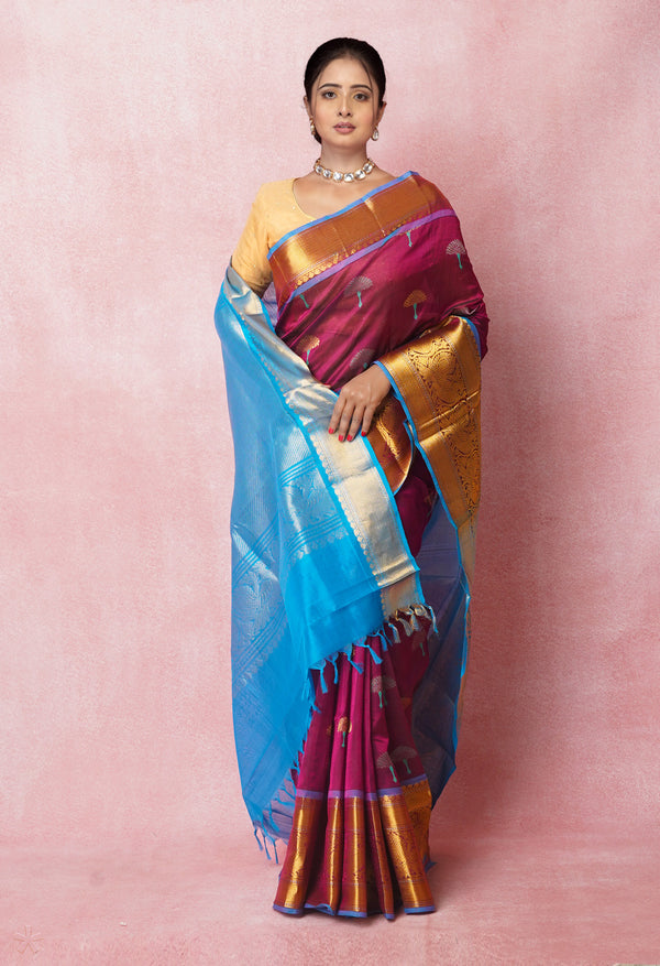 Dark Wine Red Pure Handloom Assam Silk Saree-UNM74929