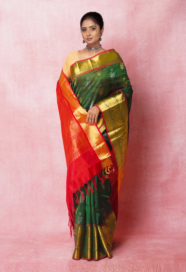 Dark Green Pure Handloom Assam Silk Saree-UNM74930