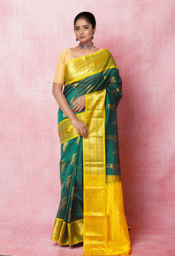Dark Green Pure Handloom Assam Silk Saree-UNM74932