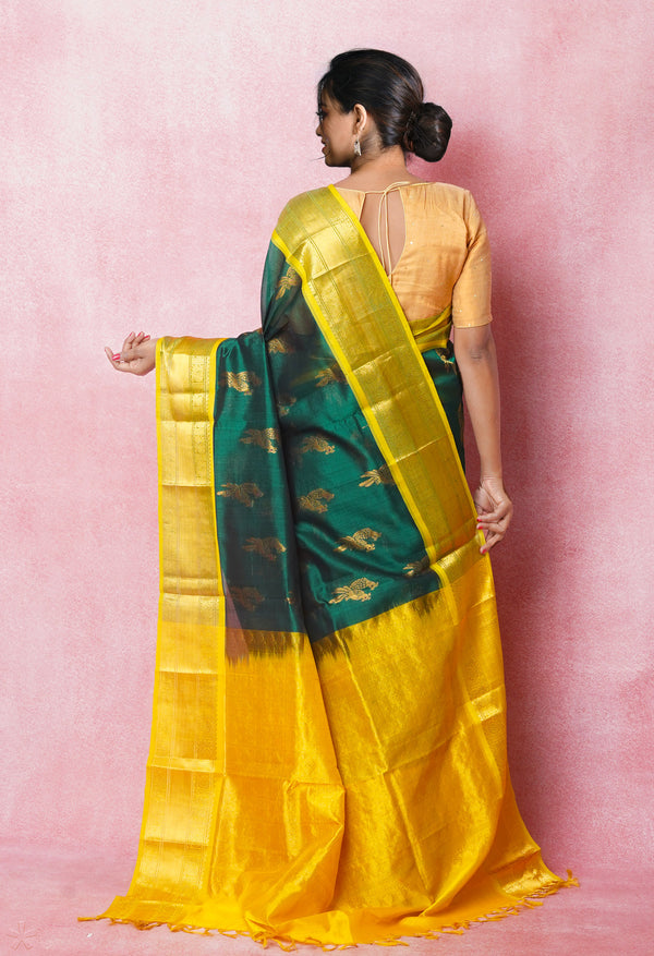 Dark Green Pure Handloom Assam Silk Saree-UNM74932