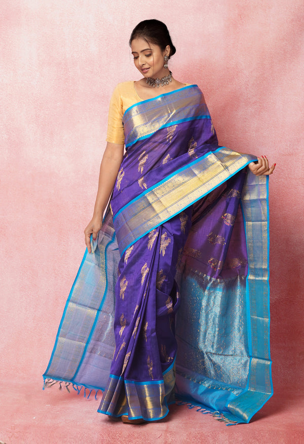 Dark Blue Pure Handloom Assam Silk Saree-UNM74935