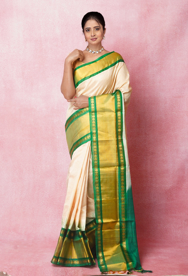 Cream-Green Pure Handloom Assam With Checks Zari Weaving Silk Saree-UNM74938
