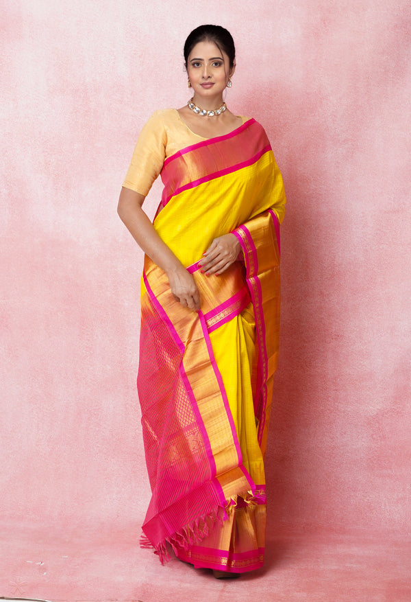 Yellow-Pink Pure Handloom Assam With Checks Zari Weaving Silk Saree-UNM74939