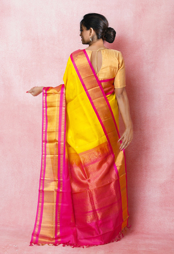 Yellow-Pink Pure Handloom Assam With Checks Zari Weaving Silk Saree-UNM74939