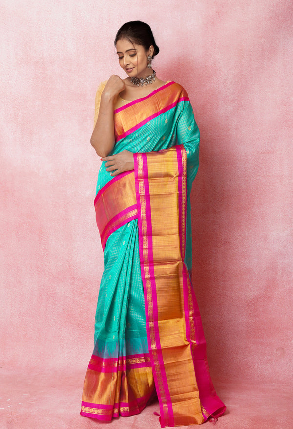 Dark Seafoam Green-Pink Pure Handloom Assam With Checks Zari Weaving Silk Saree-UNM74940