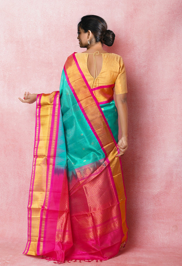 Dark Seafoam Green-Pink Pure Handloom Assam With Checks Zari Weaving Silk Saree-UNM74940