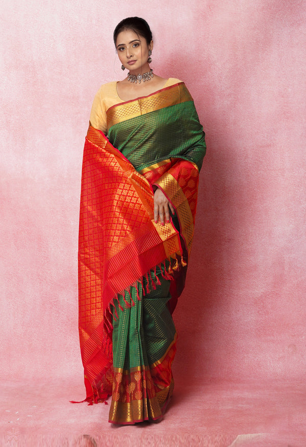 GreenMaroon Pure Handloom Assam With Checks Zari Weaving Silk Saree-UNM74941