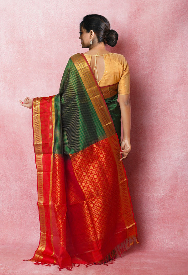 GreenMaroon Pure Handloom Assam With Checks Zari Weaving Silk Saree-UNM74941