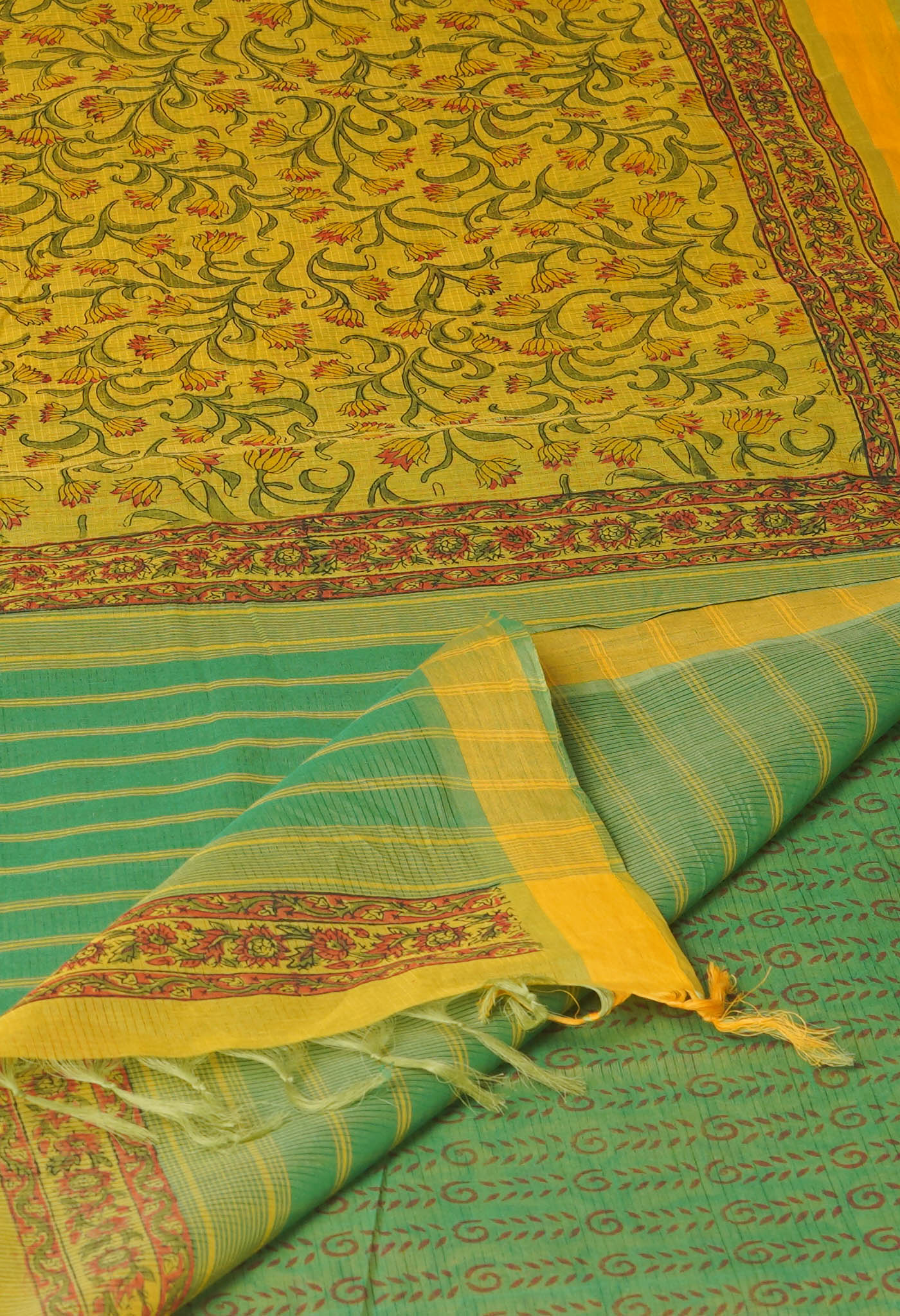 Yellow Pure Block Printed Maheshwari Cotton Saree