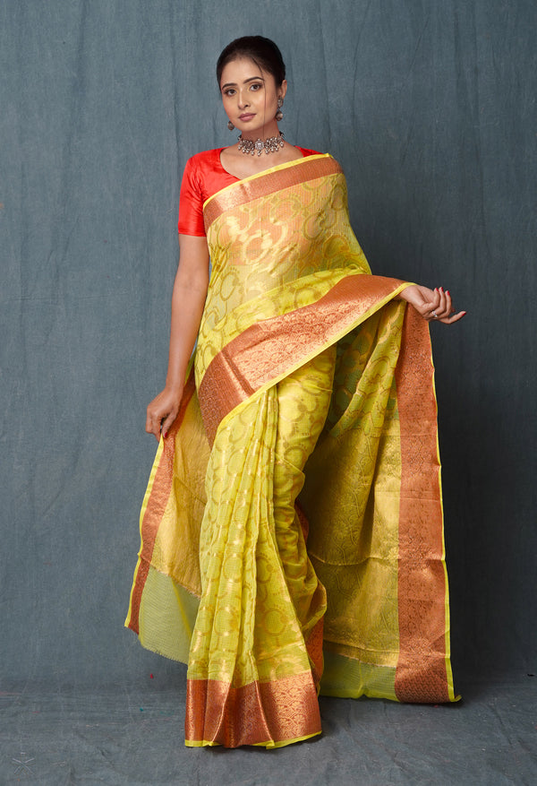 Lemon Yellow Pure  Banarasi Kota Cotton Saree-UNM74970