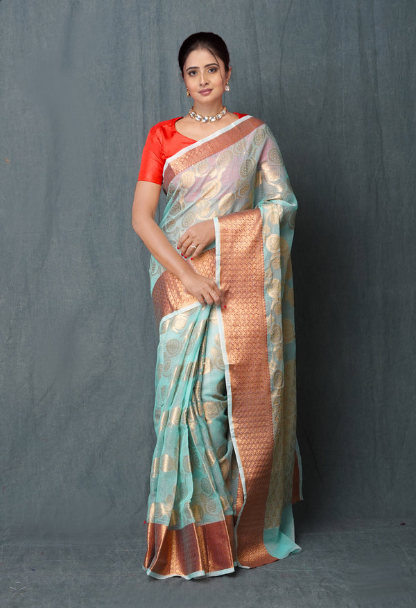 Light Turquoise Blue Pure  Banarasi Kota Cotton Saree-UNM74976
