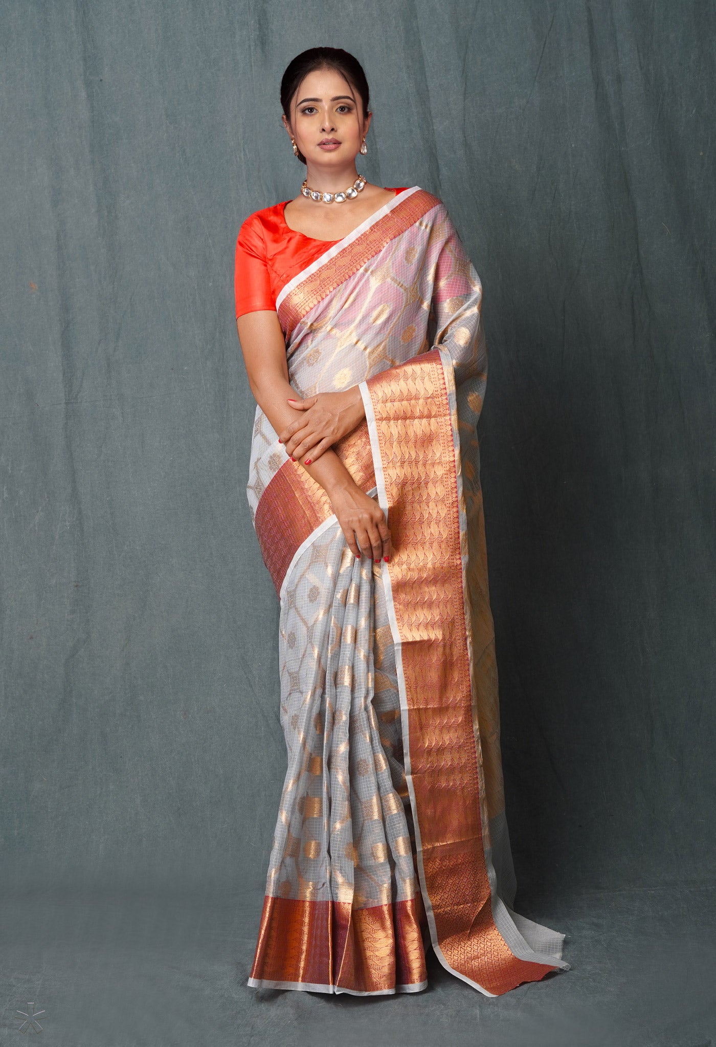 Grey Pure Banarasi Kota Cotton Saree