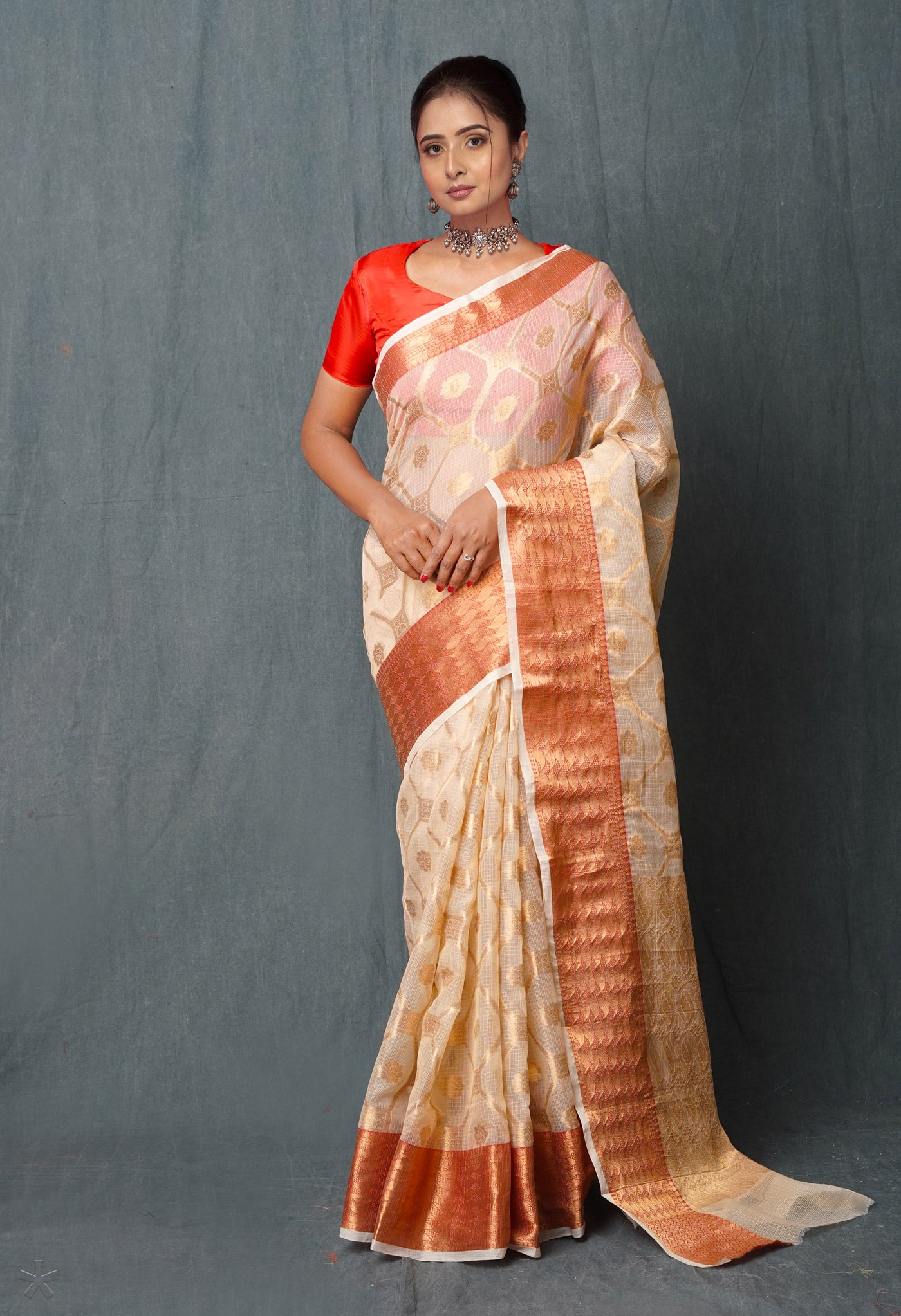 Off White Pure Banarasi Kota Cotton Saree