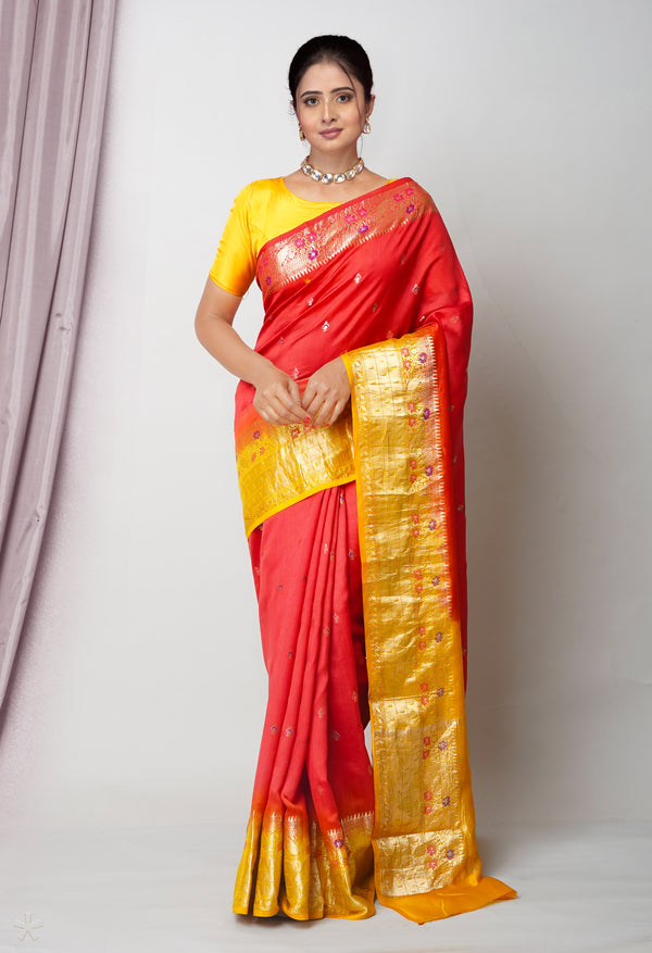 Red Pure  Dyed Banarasi Chiniya Silk Saree-UNM75000