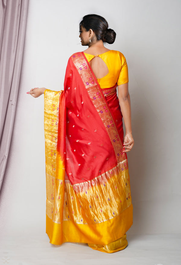 Red Pure  Dyed Banarasi Chiniya Silk Saree-UNM75000