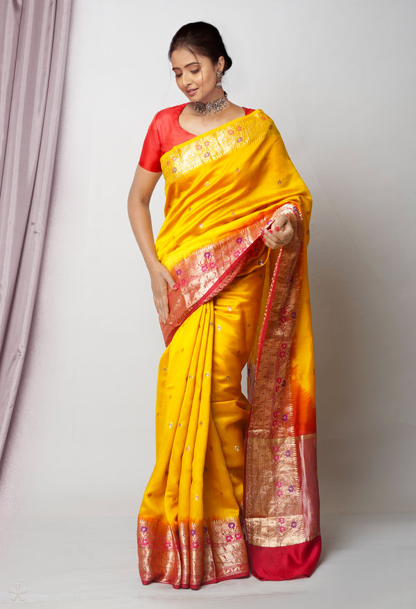 Mustard Yellow Pure  Dyed Banarasi Chiniya Silk Saree-UNM75002