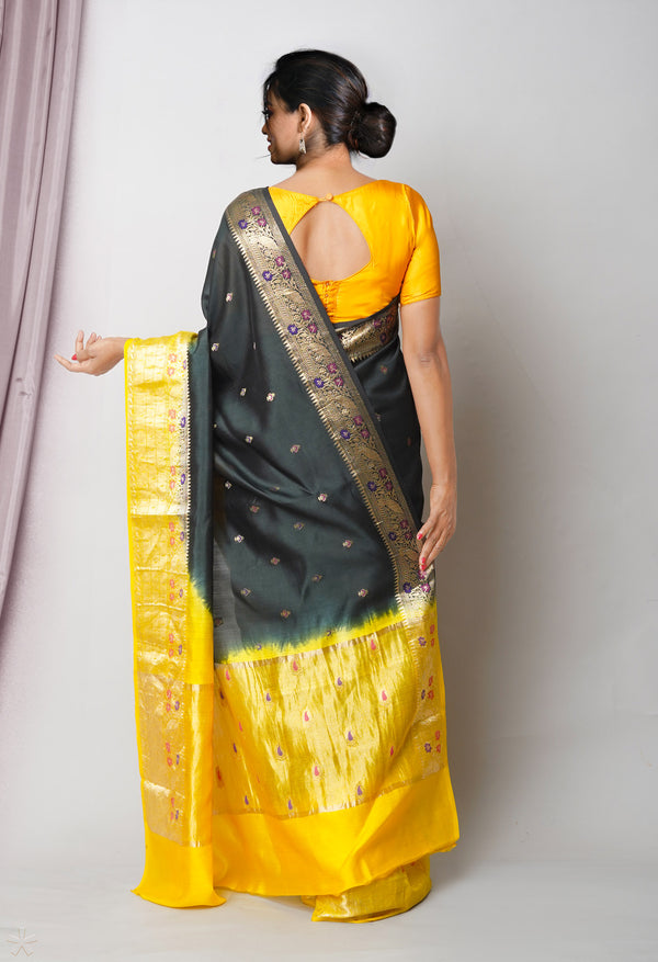 Black Pure  Dyed Banarasi Chiniya Silk Saree-UNM75003