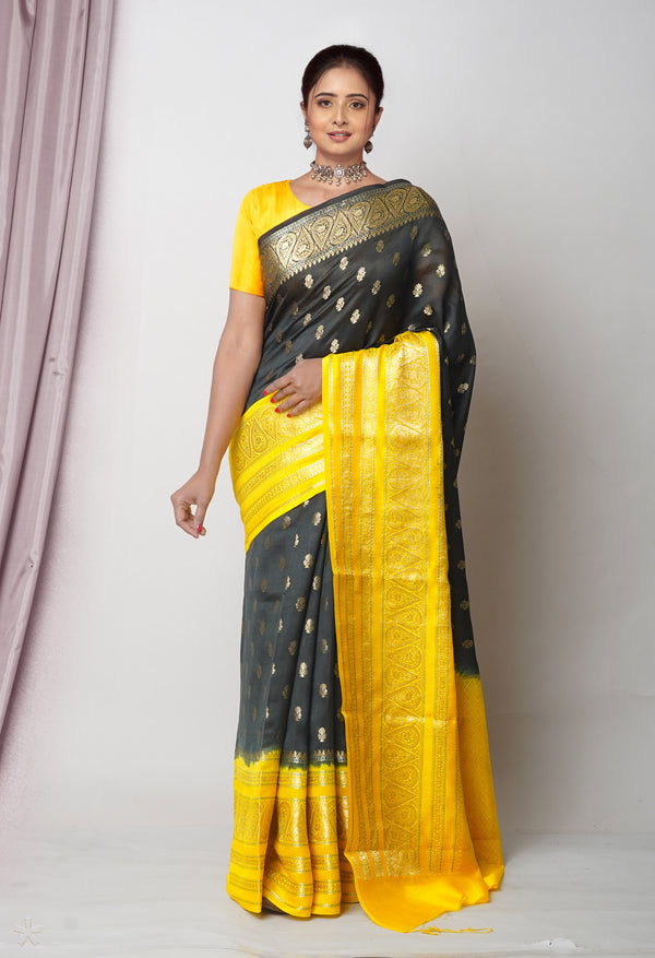 Black Pure  Dyed Banarasi Chiniya Silk Saree-UNM75013