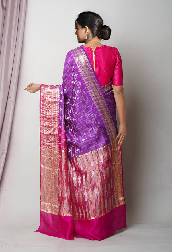Violet Pure  Dyed Banarasi Chiniya With Check Weaving Silk Saree-UNM75017