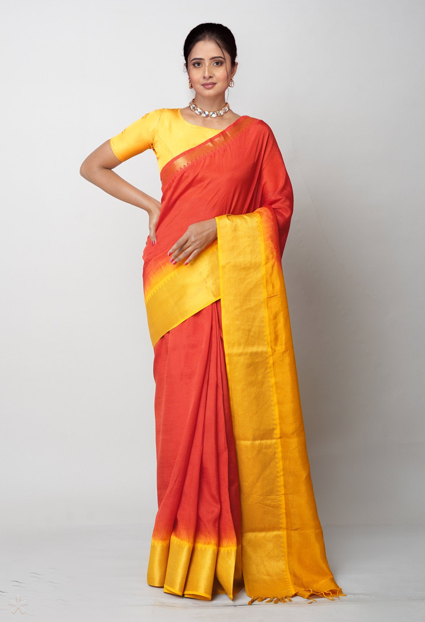 Red Plain Dyed With Zari Brocade Soft Silk Saree