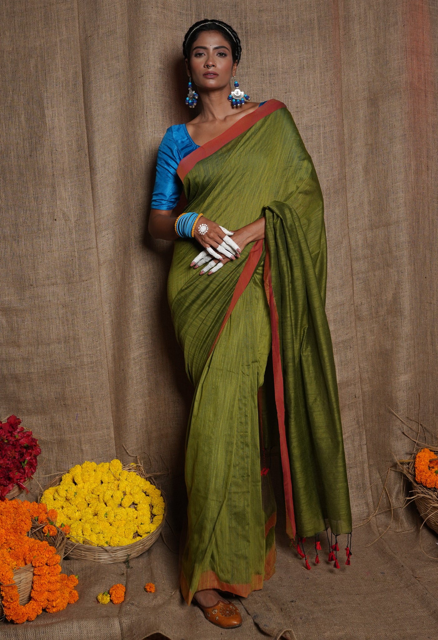 Green Pure Plain Cotton Linen Saree