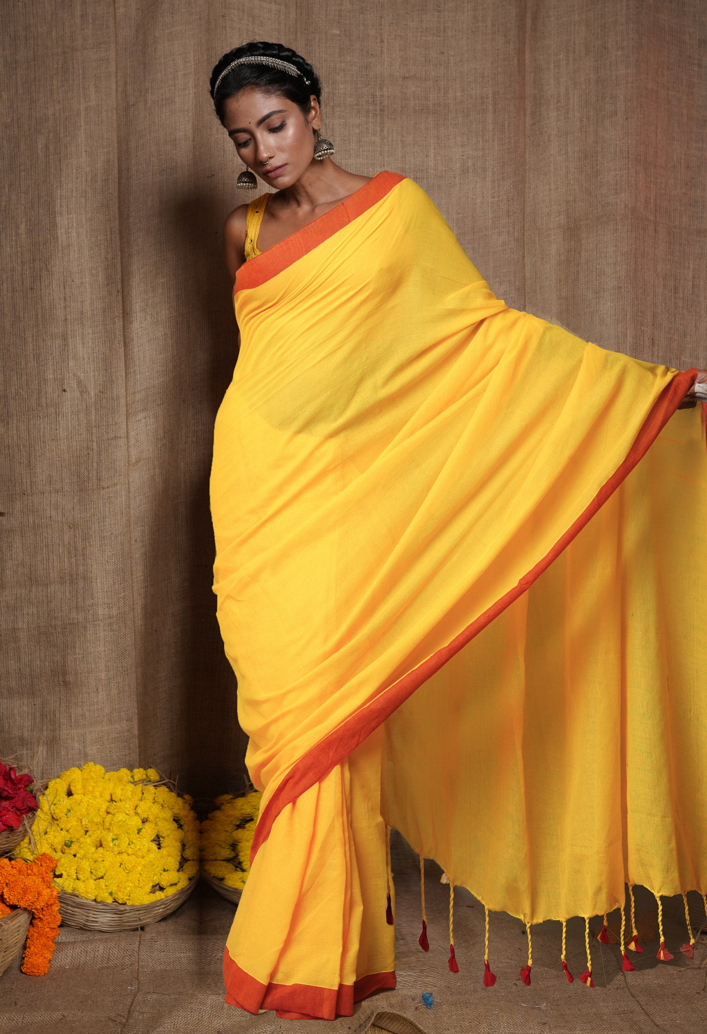 Yellow Pure Plain Cotton Linen Saree