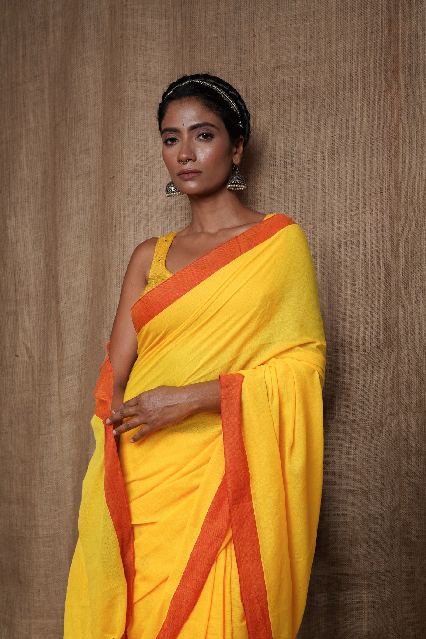 Yellow Pure Plain Cotton Linen Saree