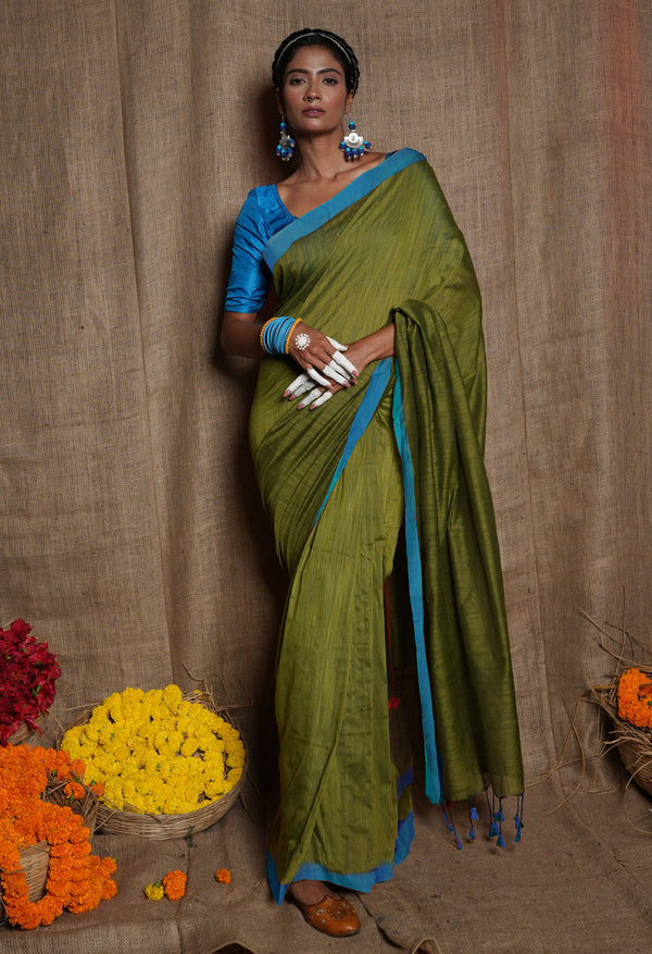Dark Olive Green Pure  Plain Cotton Linen Saree-UNM75042