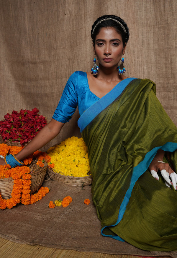 Dark Olive Green Pure  Plain Cotton Linen Saree-UNM75042