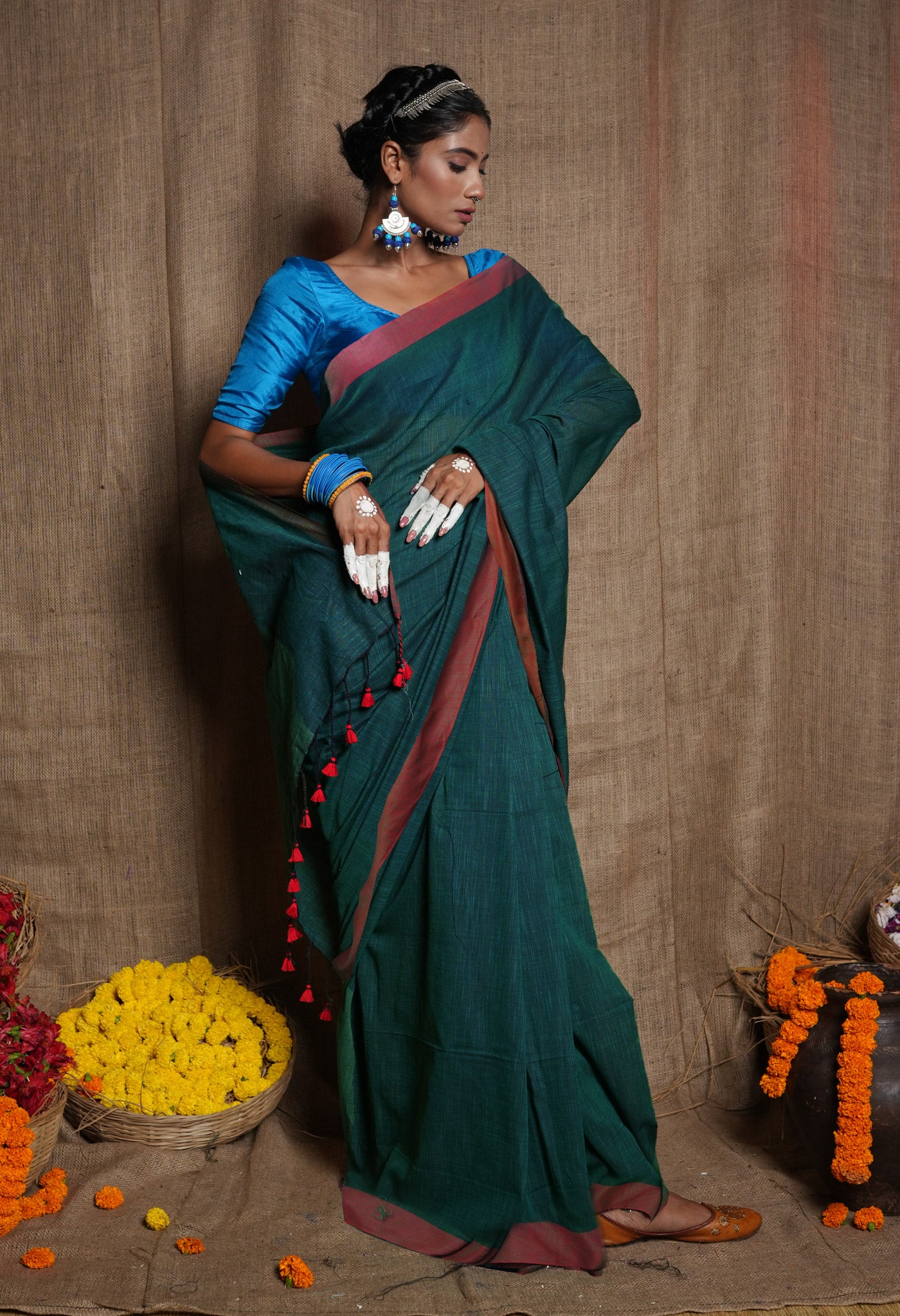 Peacock Green Pure Plain Cotton Linen Saree