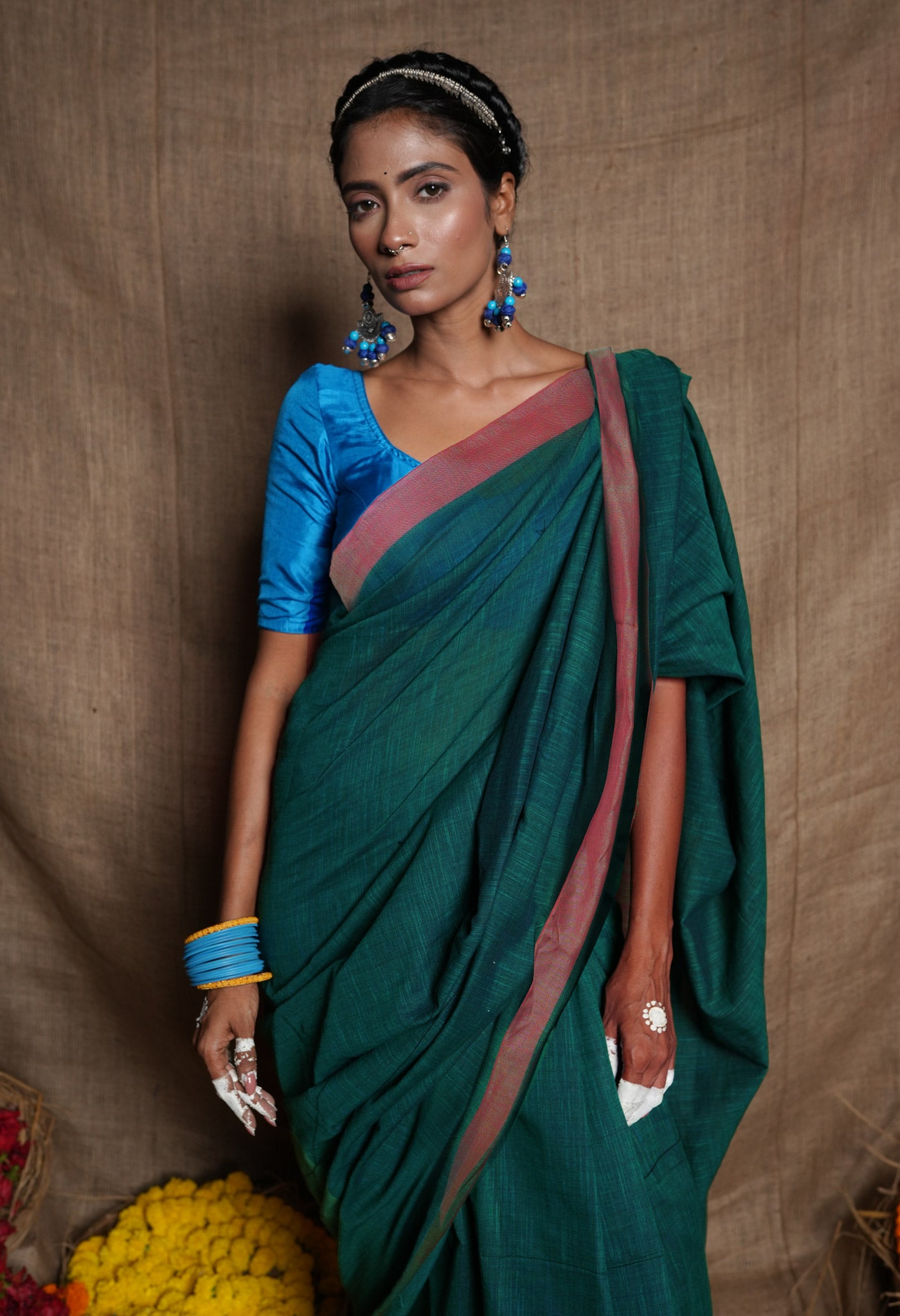 Peacock Green Pure Plain Cotton Linen Saree