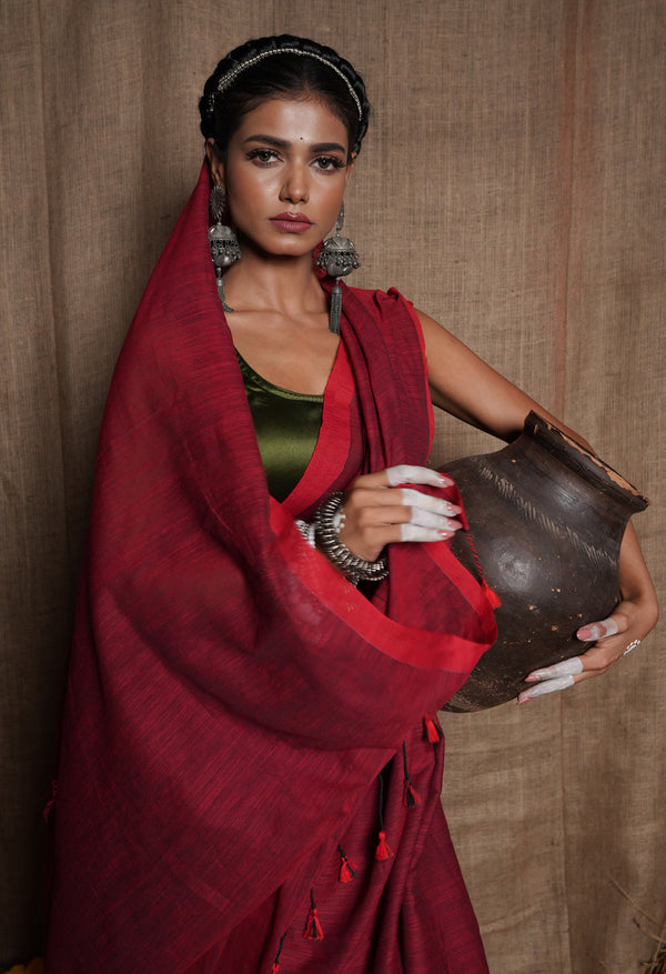 Maroon Pure  Plain Cotton Linen Saree-UNM75047