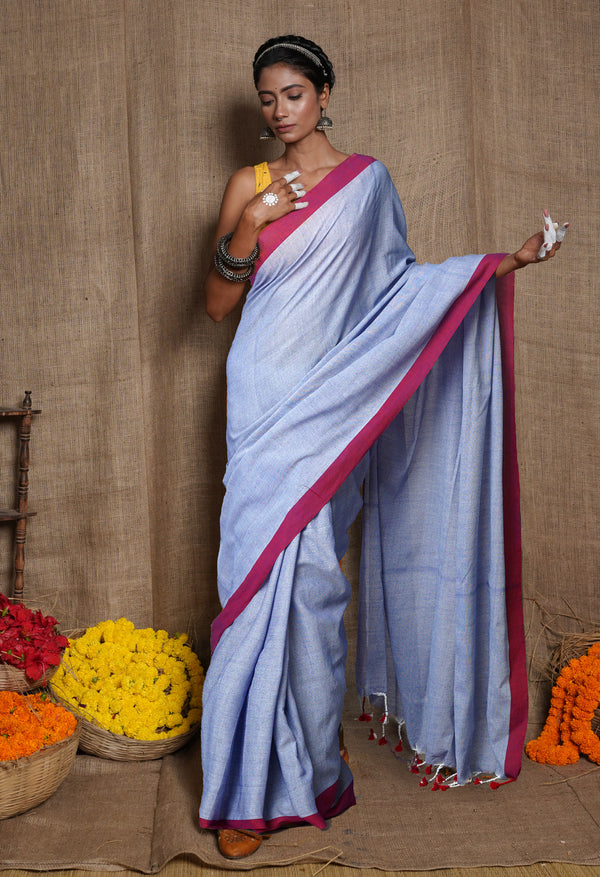 Light Blue Pure  Plain Cotton Linen Saree-UNM75049