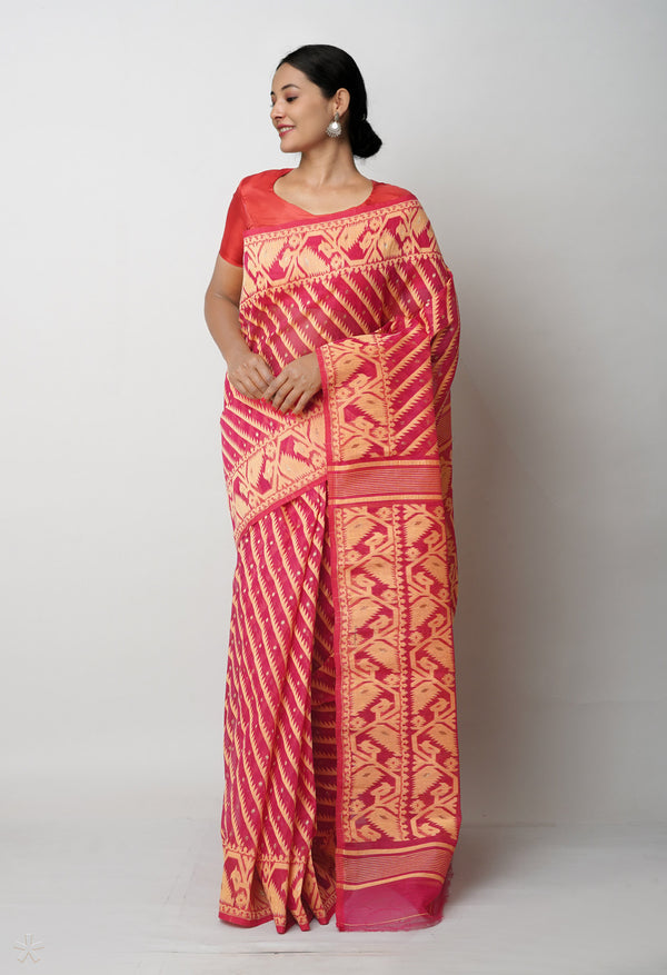 Red Pure  Jamdhani Bengal Cotton Saree-UNM75198