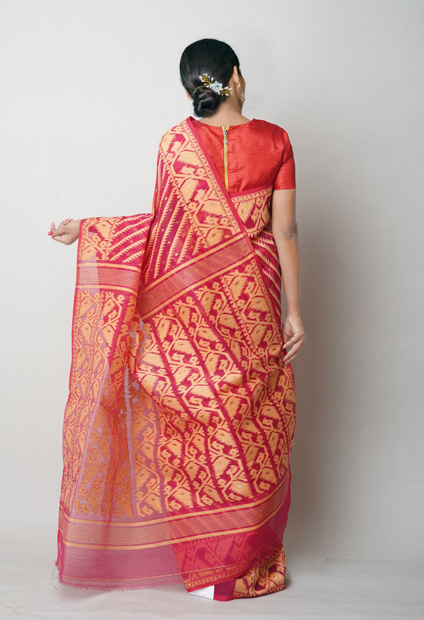 Red Pure  Jamdhani Bengal Cotton Saree-UNM75198
