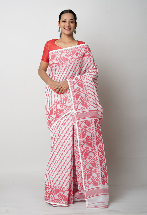 White Pure  Jamdhani Bengal Cotton Saree-UNM75202