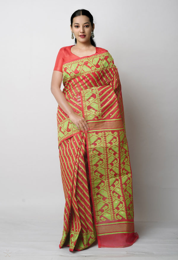 Red Pure  Jamdhani Bengal Cotton Saree-UNM75203