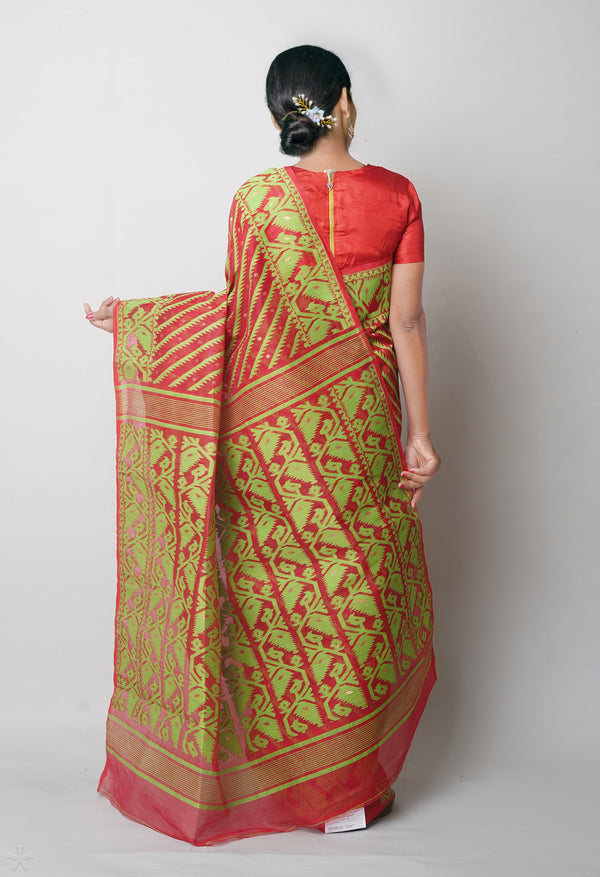 Red Pure  Jamdhani Bengal Cotton Saree-UNM75203