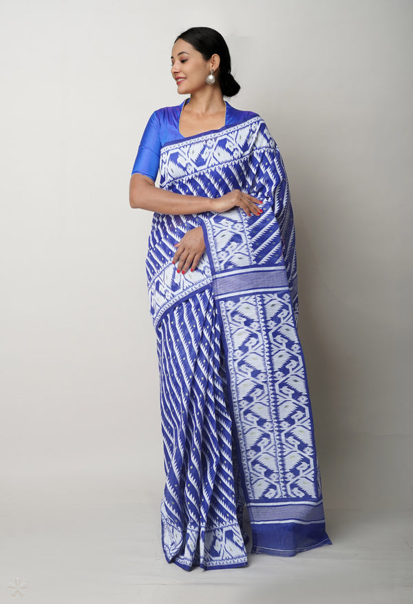 Dark Blue Pure  Jamdhani Bengal Cotton Saree-UNM75204