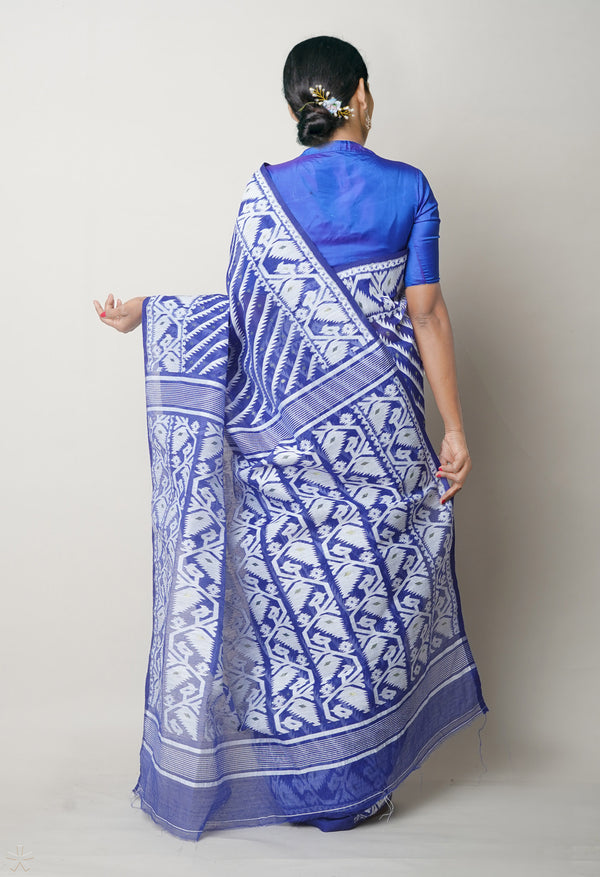 Dark Blue Pure  Jamdhani Bengal Cotton Saree-UNM75204