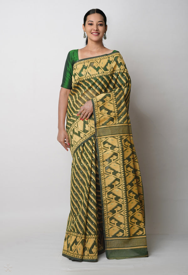 Olive Green Pure  Jamdhani Bengal Cotton Saree-UNM75205