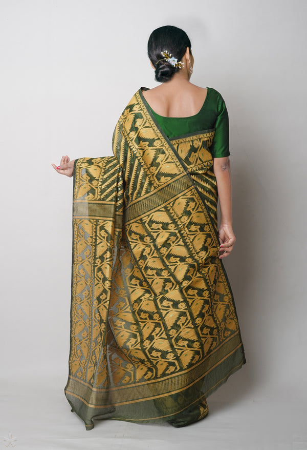 Olive Green Pure  Jamdhani Bengal Cotton Saree-UNM75205