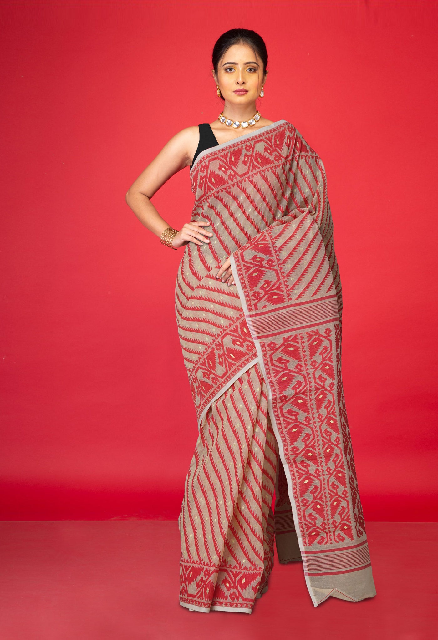 Beige Pure Jamdhani Bengal Cotton Saree-UNM75206