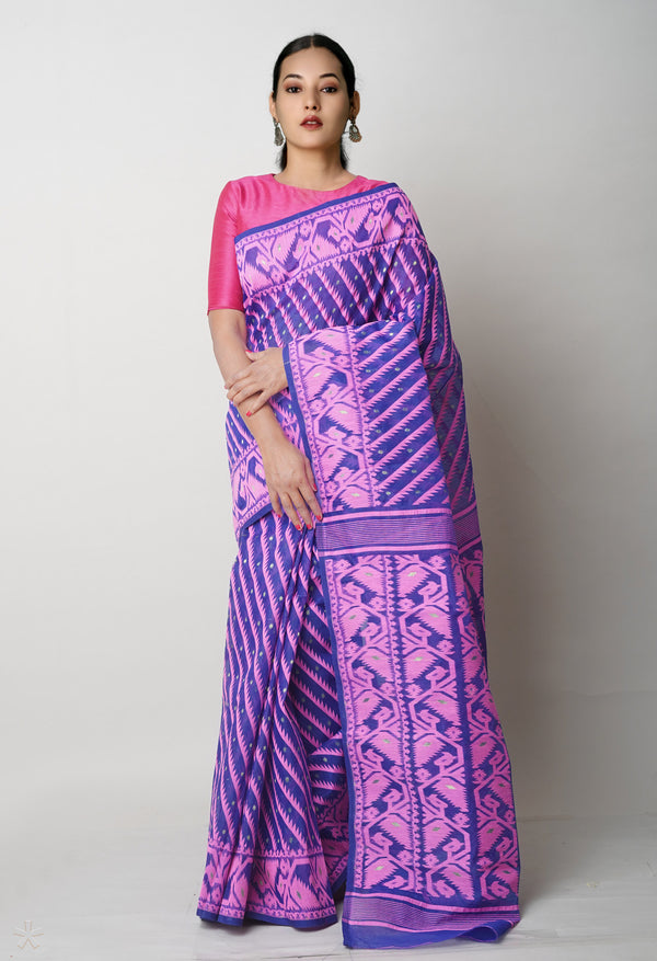 Dark Blue Pure  Jamdhani Bengal Cotton Saree-UNM75207