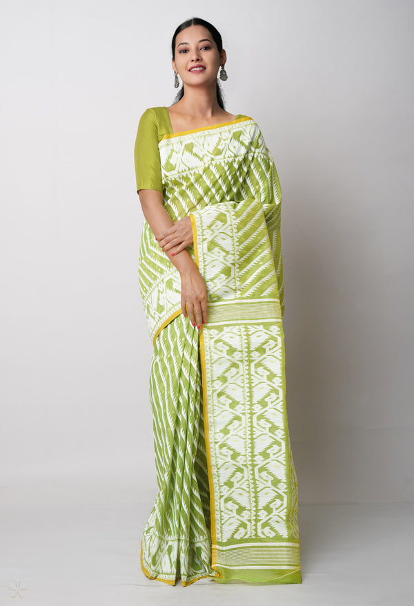 Parrot Green Pure  Jamdhani Bengal Cotton Saree-UNM75208